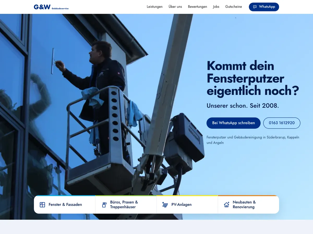 Startseite von G&W Gebäudeservice: Kommt dein Fensterputzer eigentlich noch?